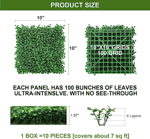 MOOACE Artificial Grass Wall Panel, 10"x 10" 10 PCS Greenery Boxwood Panels for Indoor Outdoor, 4 Layer UV-Anti Green Plant Backdrop Wall Decor Covering Privacy Screen Fence Panel - size: 10pcs 10"x 10"