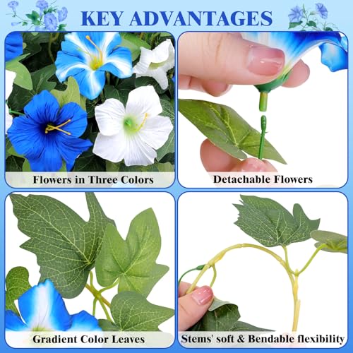 Artificial Flowers for Outdoors, 4 PCS Blue Faux Morning Glory UV Resistant Silk Flowers for Outdoor Planters Garden Balcony Porch Decor Realistic Fake Flowers for Spring Decoration - color: Blue, size: 4 Bundles