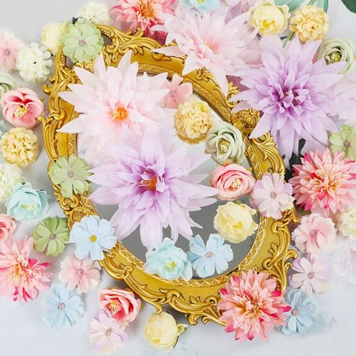 LACGO 48 PCS Fake Flowers Heads - Artificial Flower Heads Bulk Silk Faux Rose DIY Flower Embellishments Blossom Wreath Bouquets for Crafts Wedding Bridal Party Baby Shower Home Decoration(Mix Color) - color: Mix Color