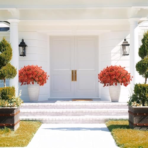 Grunyia Fall Outdoor Artificial Flowers 16 Bundles - UV Resistant Faux Daisy with Eucalyptus Leaves, Weatherproof Fake Plants for Porch, Patio, Garden Decor, Indoor Outdoor Decor (Fall Orange Red) - color: Fall Orange Red