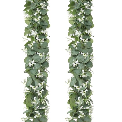 KHOYIME Eucalyptus Garland with White Flowers, 2 Packs 5.9Ft Artificial Silver Dollar Eucalyptus Leaves Plant Fake Greenery Hanging Ivy Vines Faux Wreath for Wedding Arch Party Mantle Table Home Decor - color: Green and White