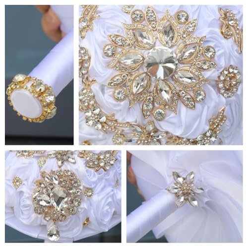 8.7in White Bridal Wedding Bouquet Handmade with Luxury Gold Rhinestone Brooch for Bride Bridesmaid Quinceanera Satin Rose Bouquet Flower Wedding White - color: White, size: Large (DIA. 8.7"/22cm)