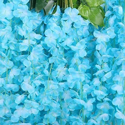 12 Pack Wisteria Flower Vines Garland, 3.75 Ft Artificial Flower Strings, Fake Hanging Flowers, Silk Wisteria Garland Flowers, Flower Vine for Wedding Garden Decor (Blue) - color: Blue