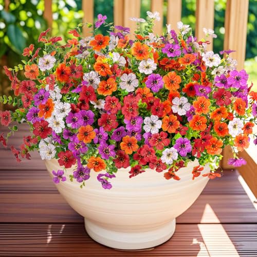 ADXORA 12 Bundles Artificial Flowers,Faux Plants for Spring Summer Decoration, UV Resistant Colorful Violets Eucalyptus for Outside Home Planter Porch Patio Yard Décor - color: Purple,red,orange,white