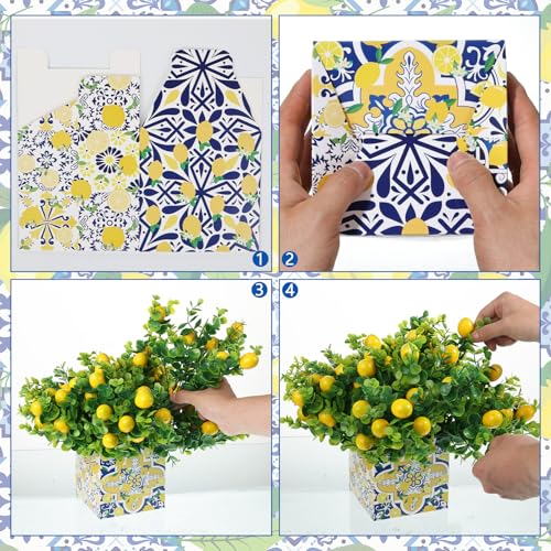 4 Sets Blue Tiles Lemon Table Centerpiece Decor Box and 16 Artificial Lemon Branches Amalfi Coast Capri Positano Lemon Party Supplies for Capri Mediterranean Wedding Birthday Baby Shower Party Decor - color: Yellow White-a