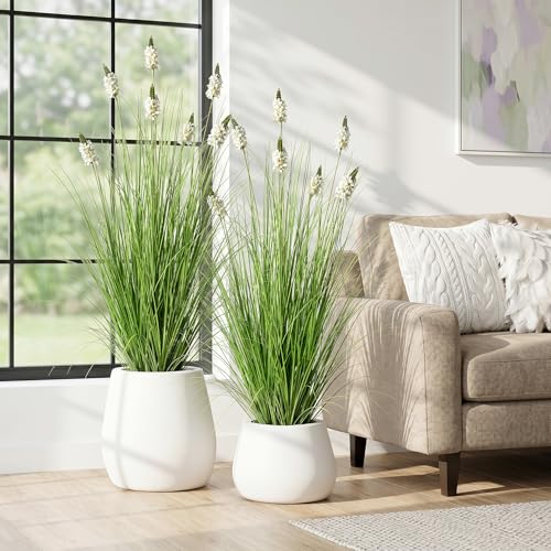 Artificial Plants Indoor 47in - Fake Grass with Hyacinth Flowers, 4FT Fake Plants with Pot for Outdoor, Faux Tall Grass Greenery for Porch Wedding Decorative, Housewarming Gifts, White(2Pack) - color: 1.2m White2