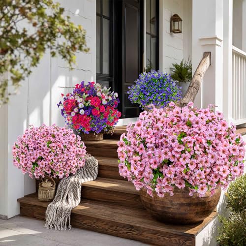 AXYLEX Artificial Flowers for Outdoors Fake Plants - 16 Bundles Faux Outside Greenery Boxwood No Fade Plastic Shrubs Fall Decor Farmhouse Home Garden Thanksgiving Mums (Pink) - color: Pink