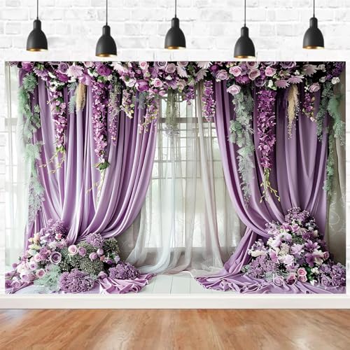 Purple Flower Wall Background Photography Purple Curtains Lavender Butterfly Backdrop for Girls Birthday Bridal Party Decorations Portrait Photo Studio Booth Props