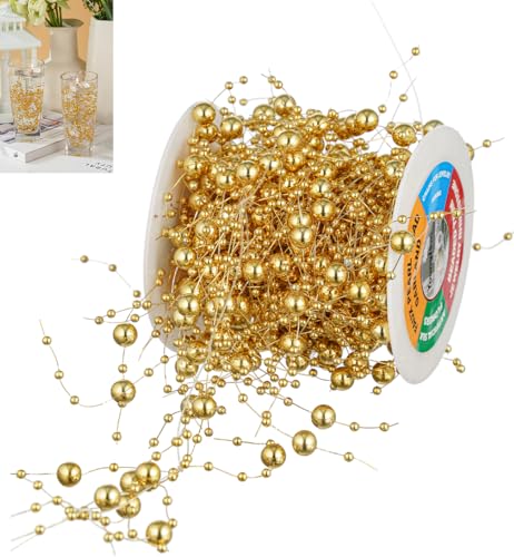 13Feet Pearl String Spool Roll for Floating Candles Faux Pearls Strands Garland for Vase Filler Wedding Centerpiece Christmas Table Decor (Gold) - color: Gold