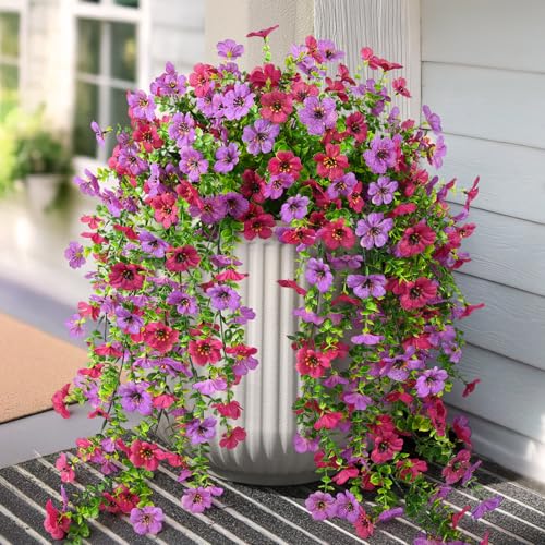 Artificial Hanging Flowers for Outdoors, 2 Pcs Fake Hanging Plant Spring Summer Decoration, UV Resistant No Fade Faux Silk Daisy Flower for Planter Porch Patio Yard Garden Decor(Light Purple Red) - color: Light Purple Red