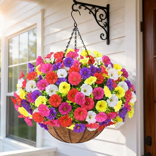 Elyum 2 Pack Artificial Hanging Flowers for Outdoors, Fake Flowers Artificial Petunias Hanging Baskets for Outdoors, UV Resistant Fake Hanging Plants Flowers for Outside Garden Patio Porch Decor - color: Mixed Colors 3, size: 2 Pack