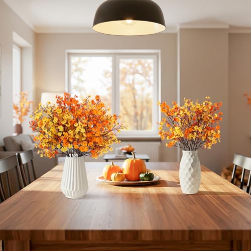 8Pcs Babys Breath Artificial Fake Fall Flowers, Real Touch Orange Yellow Plants Silk Flowers for Vase Home Office Wedding Indoor Outdoor Centerpiece Table Party Autumn Christmas Decorations - color: Orange Yellow, size: 8 Bundles