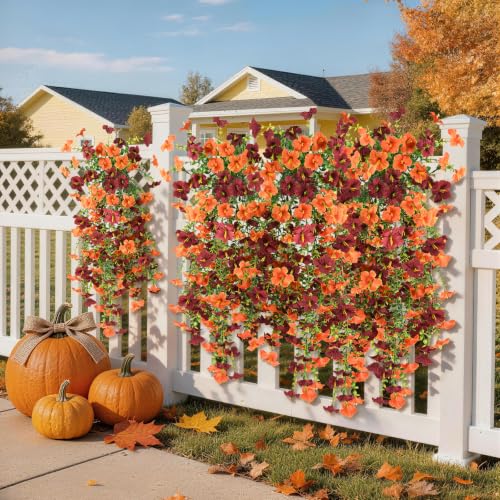 INQCMY Artificial Fake Fall Flowers Plants for Outdoor Decoration,2 PCS Faux Silk Morning Glory with Eucalyptus Leaves,UV Resistant Realistic Outdoor Flowers for Balcony Porch Patio Yard Garden - color: C Orange Brown