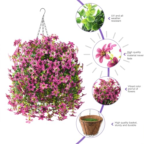 Artificial Hanging Baskets Outdoor, 4 Bundles Artificial Hanging Flowers Outdoors Spring Summer Decoration, No Fade Realistic Fake Hanging Baskets for Porch Patio Balcony Home Yard Decor - color: Light Purple Red