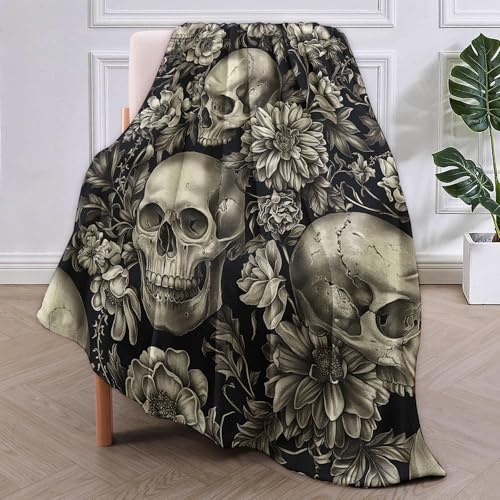 Gothic Garden Skull Fleece Blanket Gifts, Dark Floral and Skeleton Design, Soft Throw 40x50 inches, Elegant Home Halloween Decor - Black and White - color: Color445, size: 40"x50"