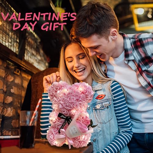 Romantic Valentines Day Gift for Her, Artificial Flowers Bouquet Necklace Rose Teddy Bear with Real Pearl Blind Box Birthday Gift, Valentiness Day Gift for Monther Wife Girl (Pink) - color: Pink