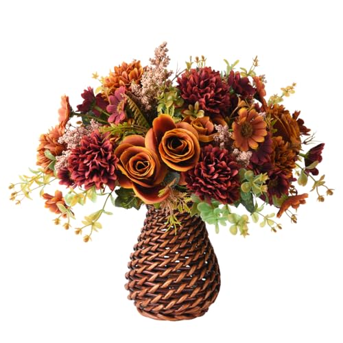Artificial Faux Flowers in Vase, Fake Silk Floral Arrangements Rose Bouquets with Handmade Rattan Vase, Farmhouse Table Decorations Centerpieces for Dinning Room Kitchen Office Desktop (Brown) - color: Brown