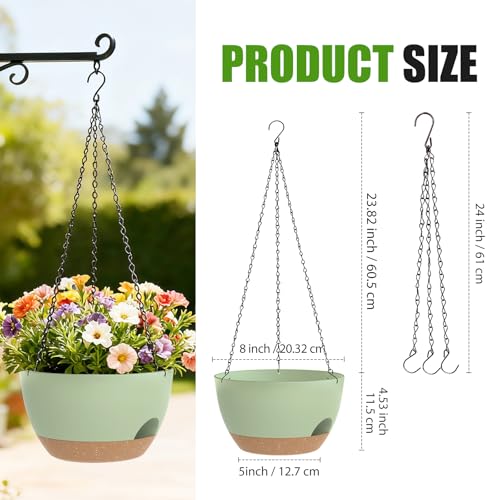 8 Inch Hanging Planters for Indoor Outdoor Plants, 4 Pack Green Brown Plastic Self Watering Hanging Baskets with Drainage Holes and Chain for Garden Porch - color: Green Brown