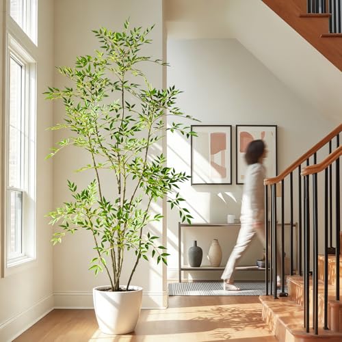 Large Faux Plastic Silk Plants Tall Artificial Nandina Trees Indoor Outdoor Realistic Floor Plant Potted Fake Bamboo Tree for Home Living Room Office Front Porch Patio decoracion Housewarming Gift - color: Green, size: 6ft 7in