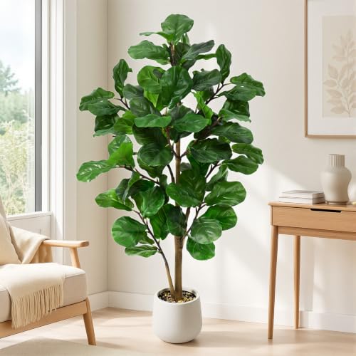 Faux Fiddle Leaf Fig Tree 5ft Tall Indoor Fake Tree in White Pot with 70 Leaves Artificial Ficus Lyrata House Plant for Indoor Home Office Bedroom Living Room Decor Perfect Housewarming Gift - color: Fiddle Leaf Fig 5ft