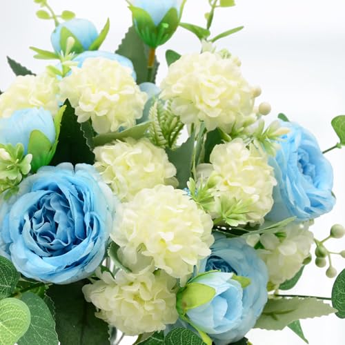 Artificial Flowers Bouquet, Blue Silk Peonies Chrysanthemum Mixed Bouquet with Eucalyptus, Artificial Roses Bouquet for Wedding Centerpieces Bridal Bouquet Mohter's Day Valentine's Day Home Decor - color: Blue