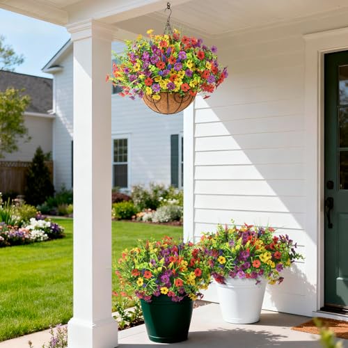 Hommyea Artificial Flowers for Outdoors, 14 Bundles Multicolor Silk Fake Flower for Spring Summer Decoration, UV Resistant No Fade Artificial Outdoor Plants for Home Planter Porch Patio Yard Decor - color: Mixd Color With Lavender Grass