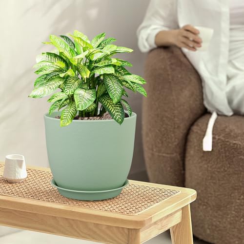 WSMKSZ Large Plant Pots 12/10/9 inch, Set of 3 Modern Decorative Plastic Planters with Drainage Holes and Saucers, Flower Pots for Indoor Outdoor Plants, Green - color: Green, size: 12"+10"+9"