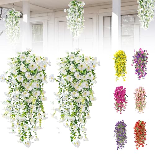 Artificial Flowers for Outdoors Fake Morning Glory Hanging Flower Decoration, 2 Pcs Realistic Faux Plants Petunias Trailing Vines, Spring Summer Decor for Porch Patio Balcony Planter Yard(White) - color: White, size: 2 Pcs