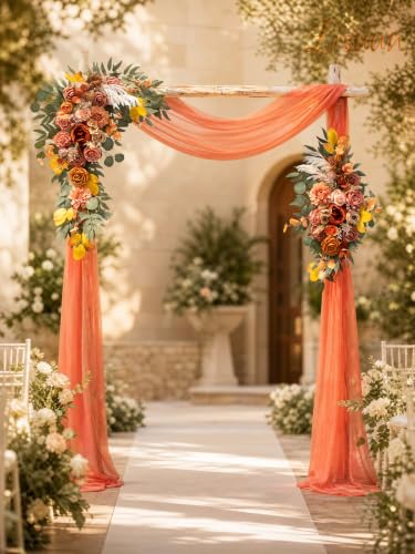 Lisuun Artificial Wedding Arch Flowers with Chiffon Runner, Pack of 3 | Includes 2 Flower Swags, 1 20ft Chiffon Runner and Zip Ties for Wedding Arches, Arbors and Backdrops - color: Autumn Orange