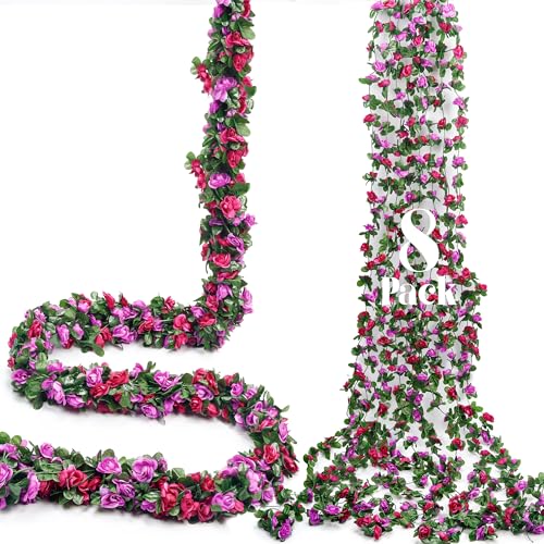 Miracliy 8Pcs 66FT Purple Flower Garland, Artificial Rose Floral Vines Fake Hanging Spring Flower Garland for Wall Backdrop Wedding Arch Tea Party Door Mantle Decoration - color: Purple-8pcs
