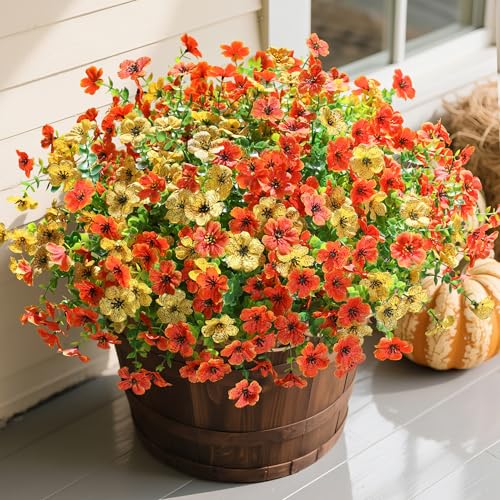 Ivydale Fall Flowers Artificial for Decoration Outdoors Fake Mums 12 Bundles Faux Planters UV Resistant Look Real for Autumn Home Porch Patio Garden Yard, Orange Yellow - color: Orange Yellow(green Leaves)