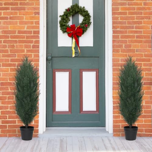 THE BLOOM TIMES 3ft Topiary Trees Artificial Outdoor Set of 2, UV Resistant Faux Cedar Pine Cypress Bushes & Shrubs, Fake Plants for Front Porch Outside Planter Patio Decor 3 Foot Tall - color: Dark Green Cedar Trees, size: 3 Foot