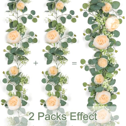 Artificial Flower Garlands Eucalyptus Garlands with Flowers Rose Peony Flower Vine Faux Floral Garland for Wedding Party Arch Table Wall Backdrop Decoration (Champagne, 4PCS) - color: Champagne, size: 4PCS