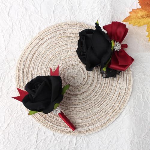 Black Rose Wrist Corsage and Boutonniere Set Rose Corsage Wristlet for Wedding Prom Party Homecoming Decoration Set of 2 (Red and Black) - color: Red and Black