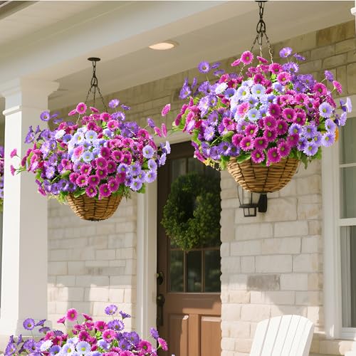 Waipfaru Artificial Flowers for Outdoors Faux Plants, UV Resistant Artificial Outdoor Flowers, Silk Daisy Realistic Fake Mums Flower for Front Porch Spring Home Planter Patio Decor, 12 Bundles, Mix - color: Purple, Fuchsia, Light Purple, size: 12 PCS