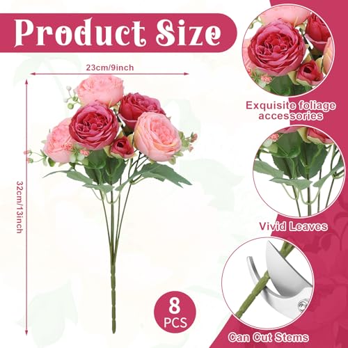 8 Pack Pink, Dark Pink Peonies Artificial Flowers, Fake Silk Hydrangea Bouquet for Bridal Wedding Home Table Decor Reusable Dining Opening Ceremony Birthday Arrangement Faux Floral - color: Pink,dark Pink