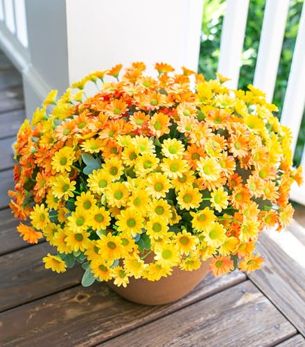 Daisy Artificial Flowers for Outdoors Decoration, 6 Bundles Fake Plants Flowers Bouquet Faux Flowers for Outdoor Planter Look Real UV Resistant Silk Flowers for Outside Front Door Porch Patio, Mix - color: Mixed Colors(3 Yellow, 3 Orange)