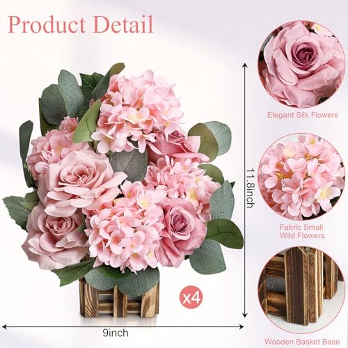 11.8’’ Tall Free Standing Artificial Flowers, 4Pcs Artificial Flowers Arrangement with Basket, Dusty Pink Rose Hydrangea Decorations for Wedding Archway Aisle Welcome Entrance Table - color: Dusty Pink