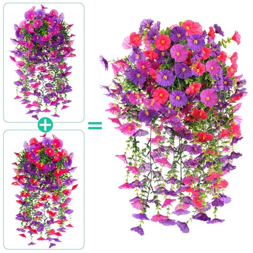 4PCS Artificial Morning Glory Vines Summer Hanging Flowers for Outdoor with Eucalyptus Leaf, Silk Flowers for Outside Home Garden Patio Decor - color: Green,fuchsia,rose Red,purple