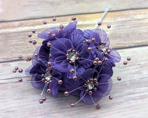 72PC Artificial Organza Flower Rhinestone Pick for Home Craft Decor DIY Wedding Bridal Veil Headband Dress Cake Topper Embellishment Scrapbook Favor Corsage Floral Bouquet Arrangement (Purple) - color: Purple