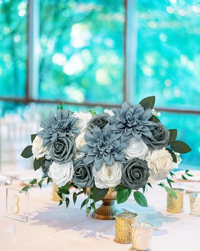 FACINOC Roses Artificial Flowers Blue Fake Flower Bulk for DIY Wedding Bouquets Bridal Baby Shower Centerpiece Table Decorations Silk Faux Floral Arrangements for Party Home Decor Indoor Dusty Blue - color: F (Blue, White Fake Flowers)