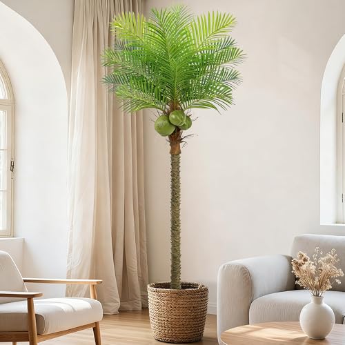 Roselywed Artificial Phoenix Palm Tree 8FT with 15 Leaves & 3 Coconut Fruit & Real Bark Tropical Areca Sago Palm Tall Large Faux Plant 94 Inch Black Pot for Indoor Outdoor Home Poolside Mall Decor - size: 8ft