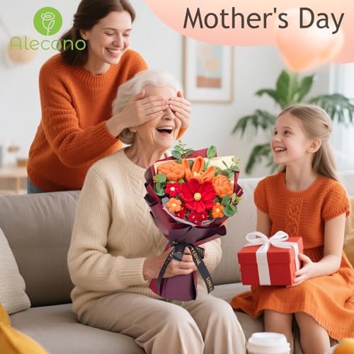 Alecono Crochet Flower Bouquet, Orange and Burgundy Knitted Flowers, Red Crochet Tulip Galsang Flower for Lover Anniversary Birthday Party Mother's Day Graduation Gifts (Include Card) - color: Orange, Burgundy, size: Large