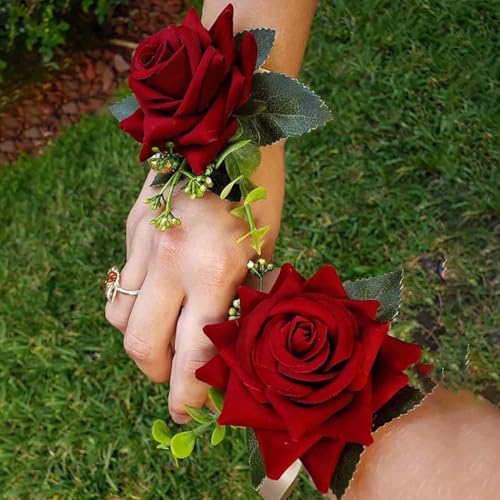Campsis Red Rose Wrist Corsage, Gold-Accented Artificial Flowers with Satin Ribbon, Set of 2, Wedding and Prom Formal Wear