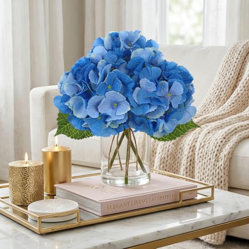 DILATATA Hydrangea Artificial Flowers with Glass Vase, Blue Real Touch Silk Hydrangea Arrangement with Faux Water, Small Faux Floral Centerpiece for Home Decor, Wedding, Bathroom, Shelf, Coffee Table - color: Blue-hydrangea