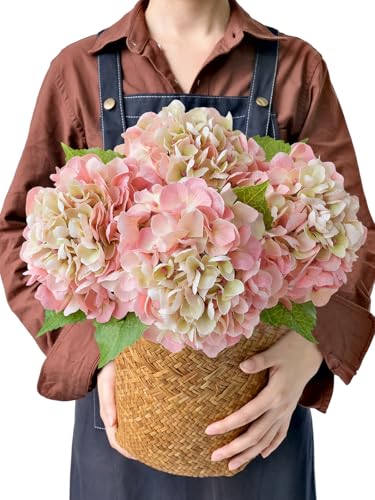 JINWOE 4PCS Lifelike Real Touch Artificial Hydrangeas, 21" Pink Hydrangea Artificial Flowers for Decoration, Faux Vintage Silk Fake Flowers for Bouquet Wedding Centerpieces Tables Party Outdoor Home - color: Pink