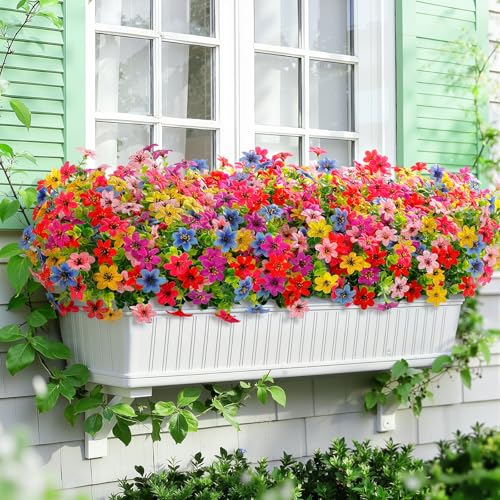 SHareconn 24 Bundles Artificial Flowers for Outdoors Decoration, Faux Plants Fake Silk Colorful Daisy Eucalyptus Lavender, UV Resistant for Outside Home Indoor Spring Decor, 6 Colors incl. Blue - color: Redrosyvioletblueyellowpink