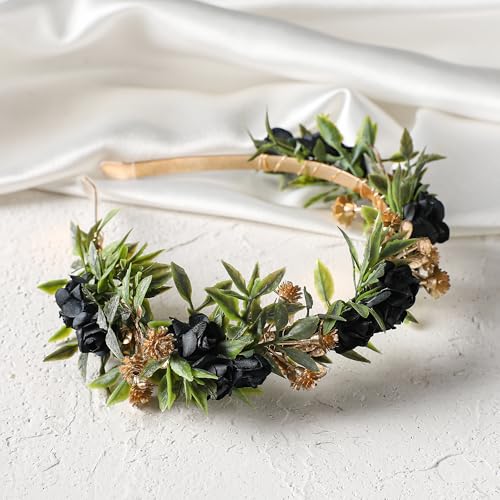 Black Flower Crown Headband, Fairy Dark Floral Headpiece with Gold Leaf, Woodland Elf Gothic Flower Headband for Women Girls Renaissance Renfaire Fantasy Cosplay Party Hair Accessories - color: Black