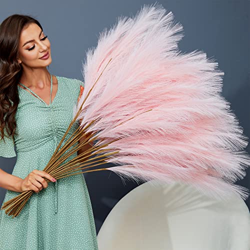 FOTEEWL 8 PCS Faux Pampas Grass Decor 38"/3.1FT Tall Fake Pompas Floral Large Artificial Pompous Grass Branches Plants for Floor Vase Filler Home Boho Decoration (Pink) - color: Pink