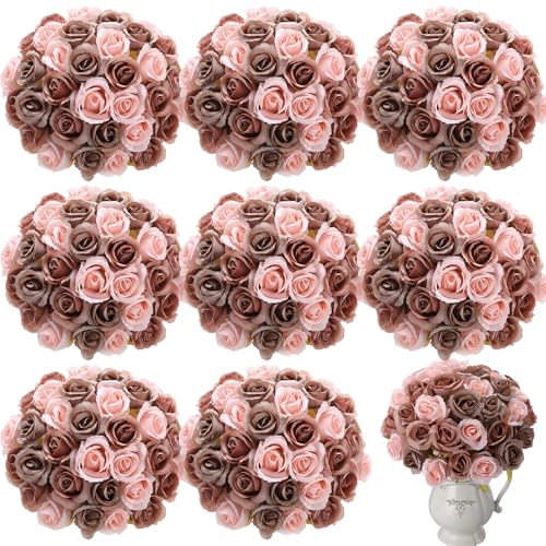 Hoteam 72 Heads Dusty Pink Artificial Rose Flowers 6 Bouquet Wedding Decoration Faux Flower Arrangement Bouquet with Stem Bridal Shower Gift Floral Centerpiece for Table - color: Pink Brown